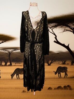 FARM Rio Black & Beige Lace-Pattern Maxi Dress